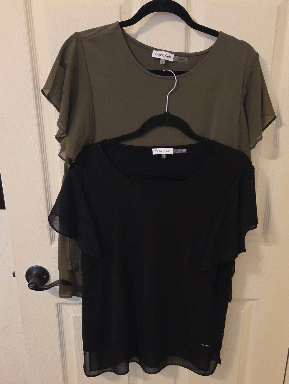 Calvin Klein Short Sleeve Layered Chiffon Tops - Olive & Black
